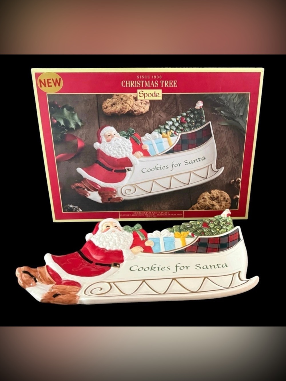 Spode Christmas Tree Santa Sleigh Cookies for Santa Serving Dish White & Red